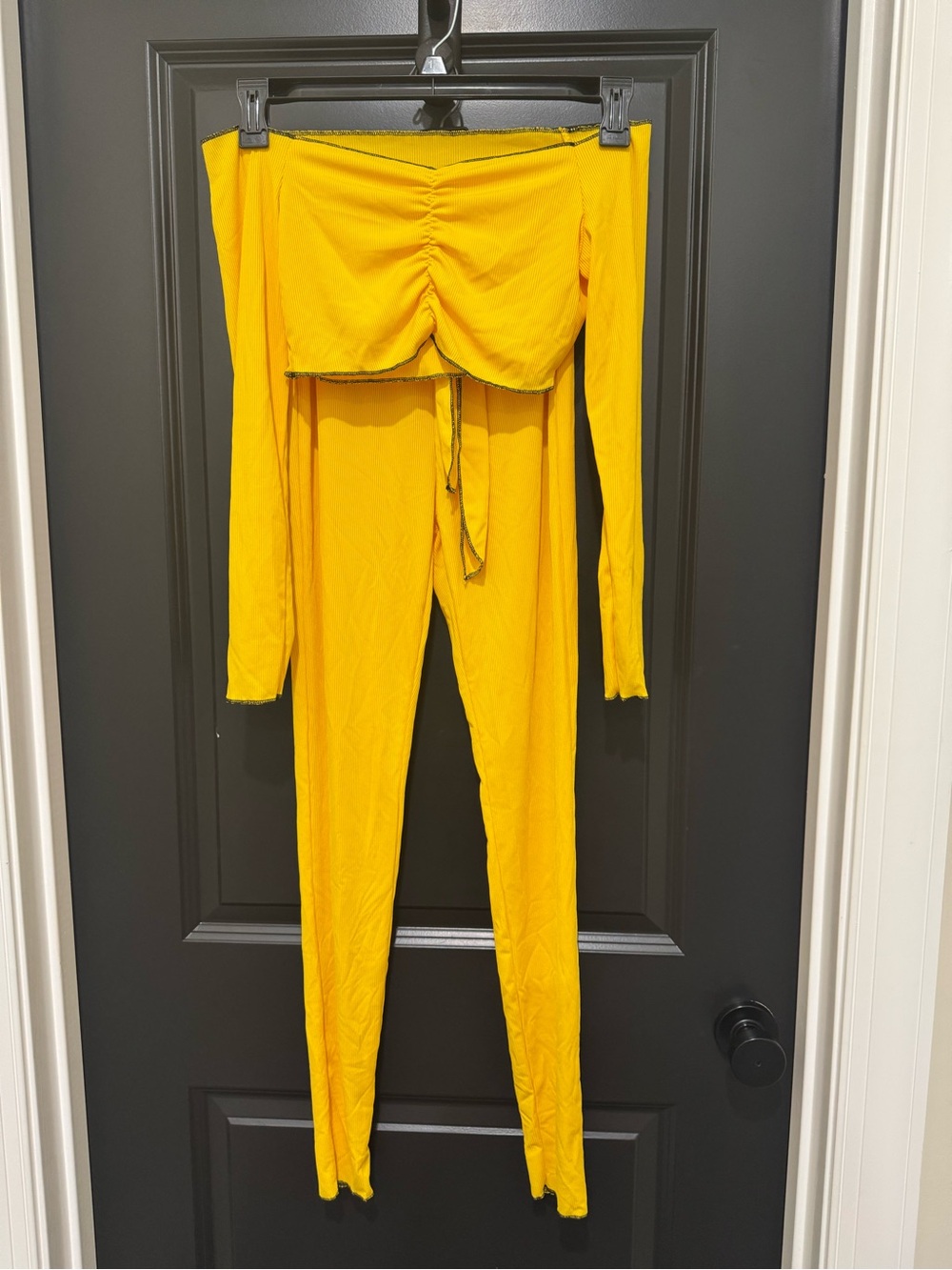 Yellow Off the Shoulder Long Sleeve Cropped Top Lounge Set - Women's